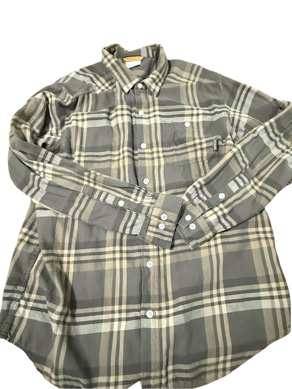 Columbia Mens Large Plaid Flannel Shirt‎ Long Sleeve Cotton Olive Green Tan L